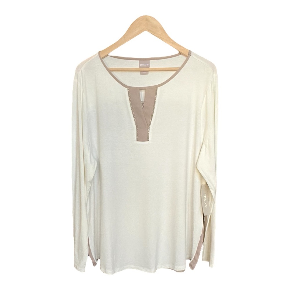 Chico's Cream & Tan Satin Back Long Sleeve Top - Size 3 (US XL)